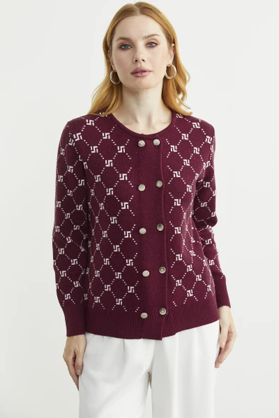 Logolu Düğme Detaylı Triko Hırka - Bordo - Resim 2