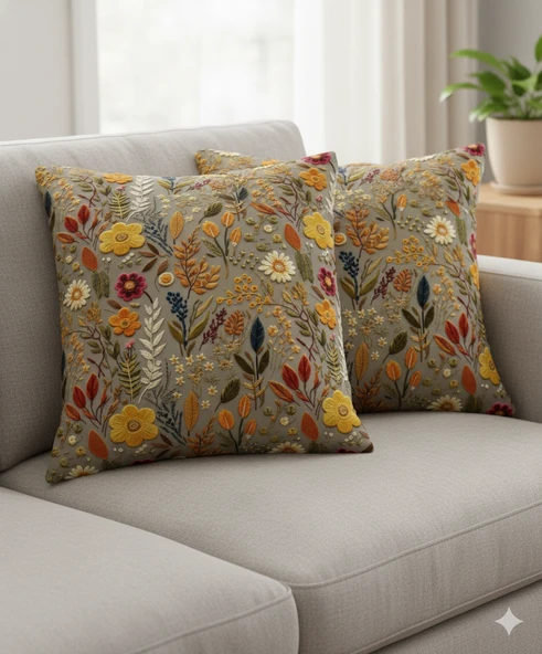 Sonbahar Çiçekleri Desenli Dijital Baskılı 2'li Kırlent 40 cm x 40 cm ürün görseli