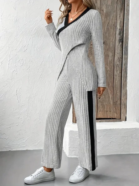 Lucky Life Kadın Uzun Kollu V Yakalı çapraz Detaylı şardonlu Kaşkorse Bluz Ve Pantolon Ikili Takım - Resim 9