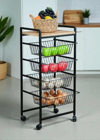 DEKORATİF TEKERLEKLİ METAL SEBZELİK 4 TEL SEPETLİ ÇAM AHŞAP RAFLI ÇOK AMAÇLI STAND - Resim 6