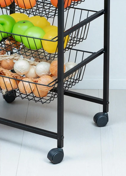 DEKORATİF TEKERLEKLİ METAL SEBZELİK 4 TEL SEPETLİ ÇAM AHŞAP RAFLI ÇOK AMAÇLI STAND - Resim 4