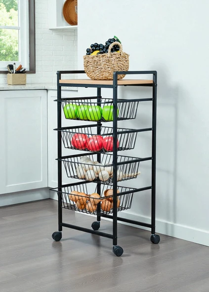 DEKORATİF TEKERLEKLİ METAL SEBZELİK 4 TEL SEPETLİ ÇAM AHŞAP RAFLI ÇOK AMAÇLI STAND - Resim 2