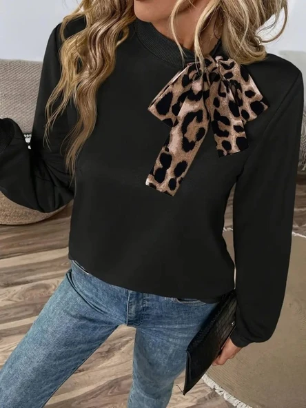 Lucky Life Kadın Uzun Kollu Yakadan Bağlamalı Viskon Iki Iplik Bluz ürün görseli 1