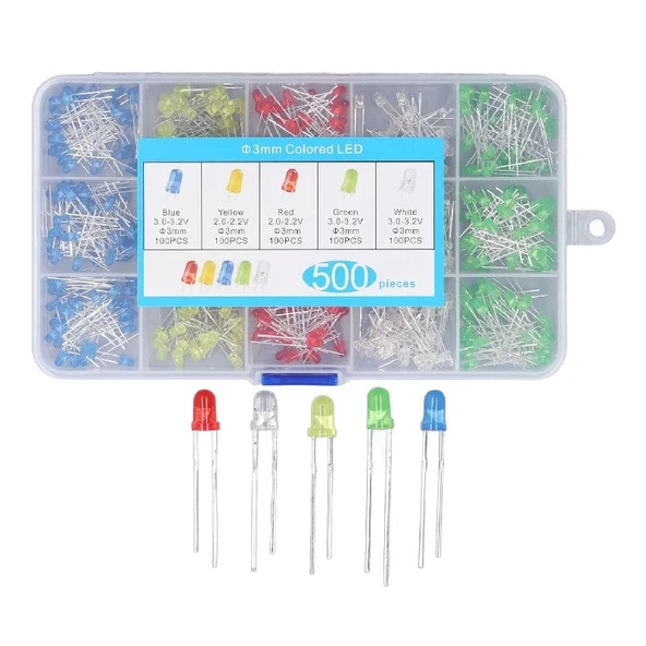 500 Adet 3mm LED Seti Kutulu 5 Renk Elektronik Işık Kaynağı Lamba Gösterge Uyarı Sinyali - Resim 8