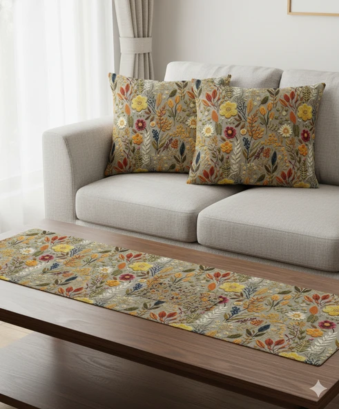 Sonbahar Çiçekleri Desenli Dijital Baskılı Runner 140 cm x 45 cm - Resim 7