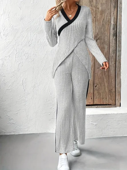 Lucky Life Kadın Uzun Kollu V Yakalı çapraz Detaylı şardonlu Kaşkorse Bluz Ve Pantolon Ikili Takım - Resim 8