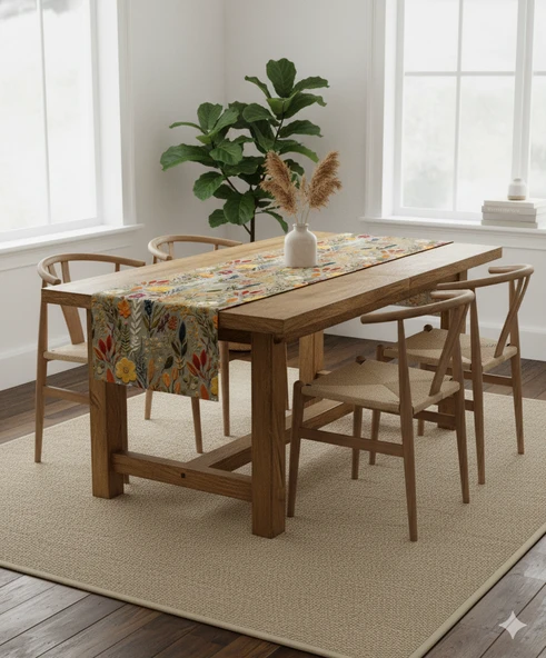 Sonbahar Çiçekleri Desenli Dijital Baskılı Runner 140 cm x 45 cm - Resim 2