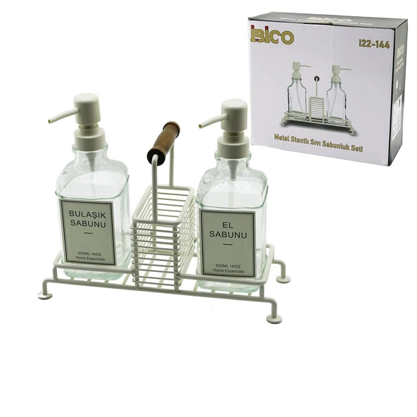 3 PCS METAL STANDLI - CAM SIVI SABUNLUK SETİ AHŞAP TUTMALI - SÜNGERLİK (5314)