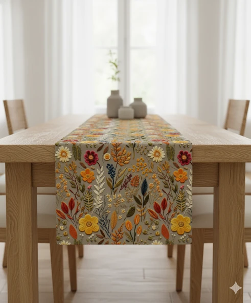 Sonbahar Çiçekleri Desenli Dijital Baskılı Runner 140 cm x 45 cm ürün görseli