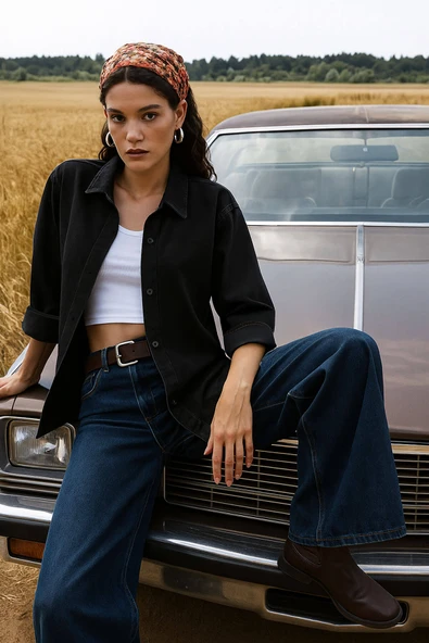 Kadın Rahat Kalıp Siyah Jean Gömlek ürün görseli