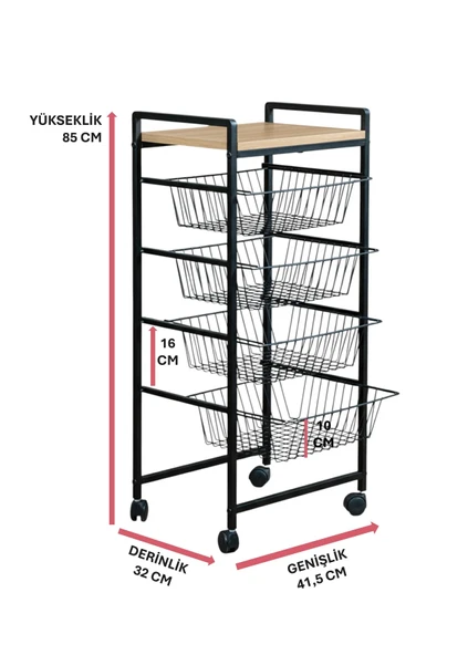 DEKORATİF TEKERLEKLİ METAL SEBZELİK 4 TEL SEPETLİ ÇAM AHŞAP RAFLI ÇOK AMAÇLI STAND - Resim 5