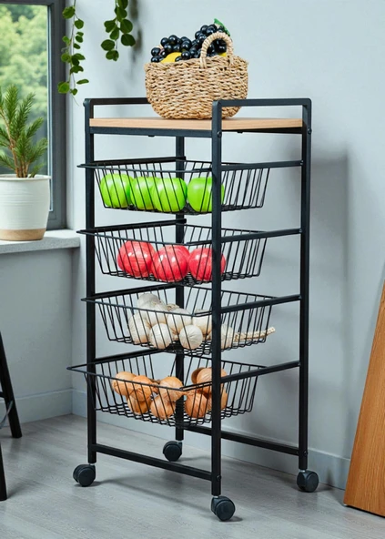 DEKORATİF TEKERLEKLİ METAL SEBZELİK 4 TEL SEPETLİ ÇAM AHŞAP RAFLI ÇOK AMAÇLI STAND - Resim 8