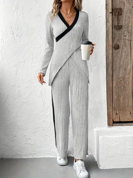 Lucky Life Kadın Uzun Kollu V Yakalı çapraz Detaylı şardonlu Kaşkorse Bluz Ve Pantolon Ikili Takım - Resim 13