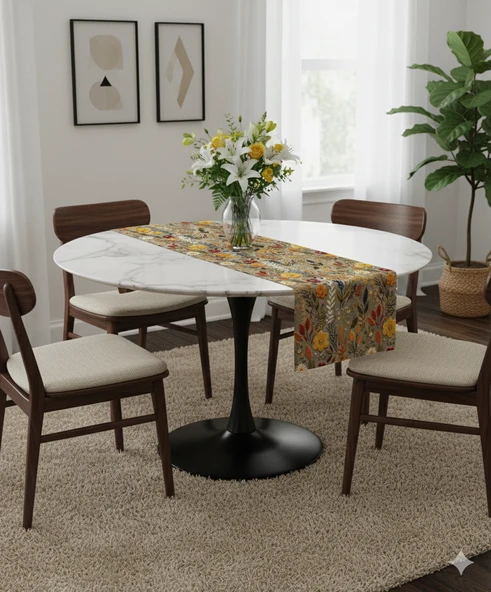 Sonbahar Çiçekleri Desenli Dijital Baskılı Runner 140 cm x 45 cm - Resim 6