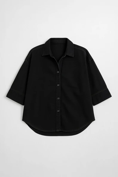 Kadın Rahat Kalıp Siyah Jean Gömlek - Resim 2