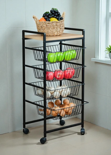 DEKORATİF TEKERLEKLİ METAL SEBZELİK 4 TEL SEPETLİ ÇAM AHŞAP RAFLI ÇOK AMAÇLI STAND ürün görseli