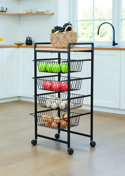 DEKORATİF TEKERLEKLİ METAL SEBZELİK 4 TEL SEPETLİ ÇAM AHŞAP RAFLI ÇOK AMAÇLI STAND - Resim 7