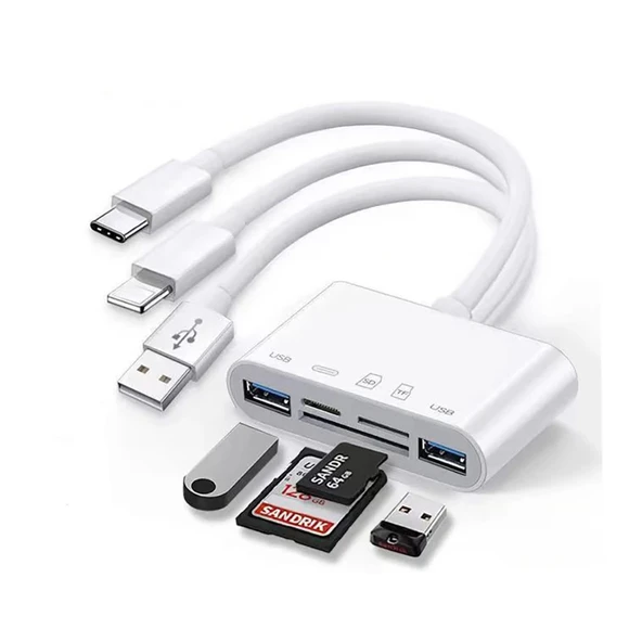 Zore All Round 5in1 Type-C & Lightning & USB Çıkışlı OTG Hafıza Kart Okuyucu ürün görseli
