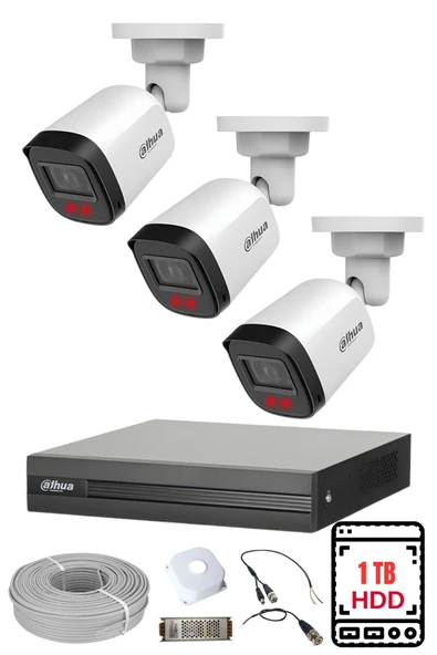 DAHUA 3 Kameralı Gece Görüşlü Su Geçirmez FULL HD Güvenlik Kamerası Seti 1TB ürün görseli
