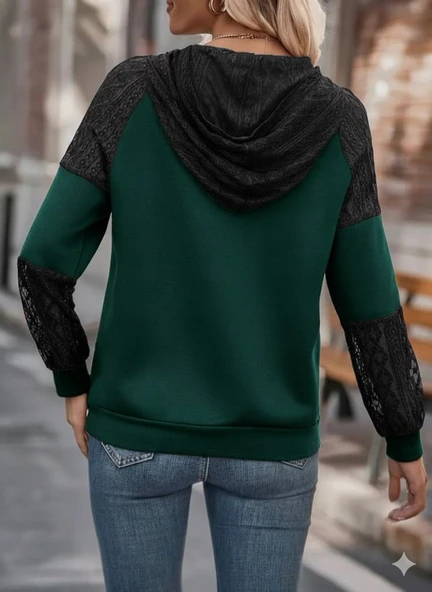 Lucky Life Kadın Uzun Kollu Dantelli Kapşonlu Viskon Iki Iplik Bluz - Resim 7