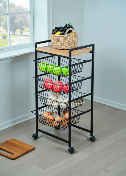 DEKORATİF TEKERLEKLİ METAL SEBZELİK 4 TEL SEPETLİ ÇAM AHŞAP RAFLI ÇOK AMAÇLI STAND - Resim 3