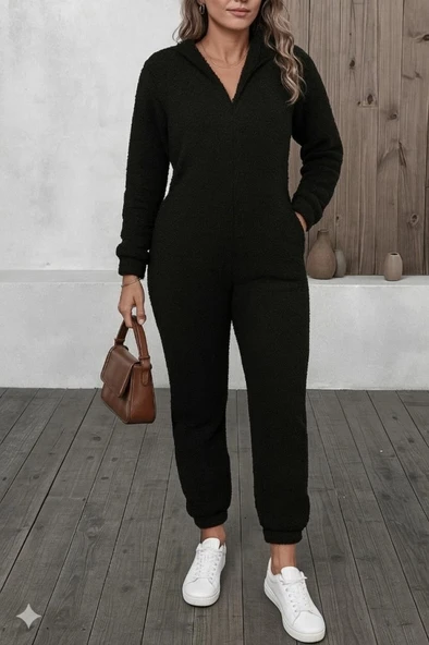 Kadın Uzun Kollu Kapüşonlu Tavşan Kulak Detaylı Peluş Tulum - Resim 3