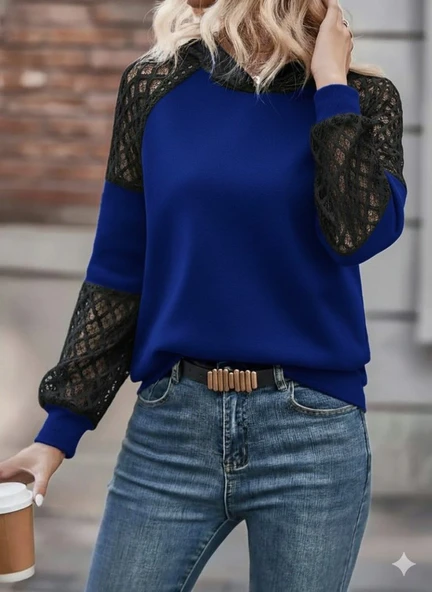Lucky Life Kadın Uzun Kollu Dantelli Kapşonlu Viskon Iki Iplik Bluz ürün görseli 1