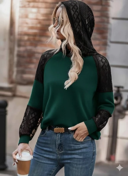 Lucky Life Kadın Uzun Kollu Dantelli Kapşonlu Viskon Iki Iplik Bluz - Resim 6