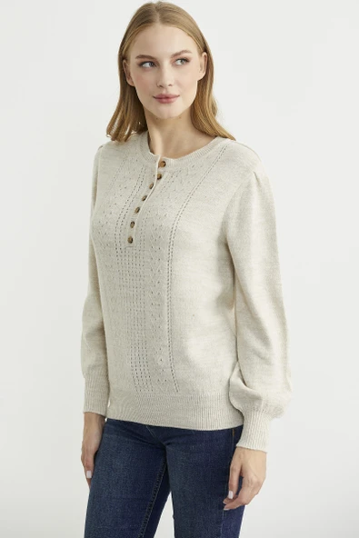 Yarım Düğmeli Yuvarlak Yaka Triko Kazak - Taş - Resim 5