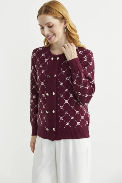 Logolu Düğme Detaylı Triko Hırka - Bordo - Resim 3