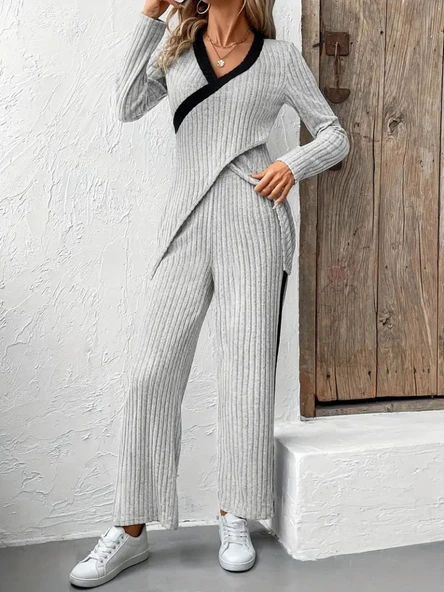 Lucky Life Kadın Uzun Kollu V Yakalı çapraz Detaylı şardonlu Kaşkorse Bluz Ve Pantolon Ikili Takım - Resim 2