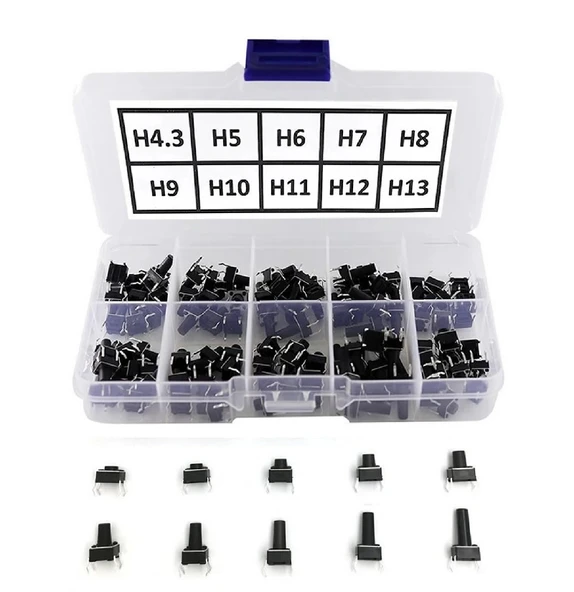 200 Adet 6x6mm Tact Buton Set 10 Farklı Yükseklikte 4 Pin Dokunmatik Anlık Basmalı Düğme Anahtar - Resim 3