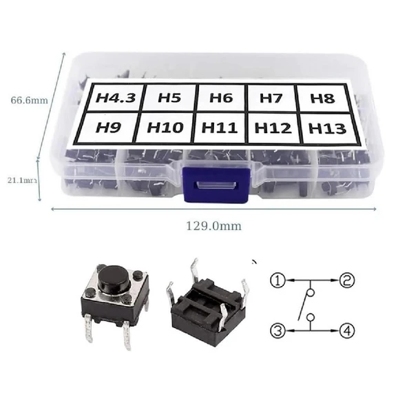 200 Adet 6x6mm Tact Buton Set 10 Farklı Yükseklikte 4 Pin Dokunmatik Anlık Basmalı Düğme Anahtar - Resim 5