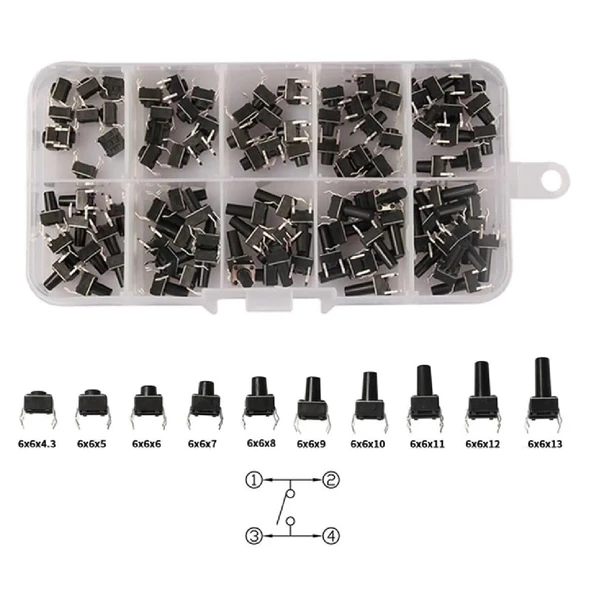 200 Adet 6x6mm Tact Buton Set 10 Farklı Yükseklikte 4 Pin Dokunmatik Anlık Basmalı Düğme Anahtar - Resim 4