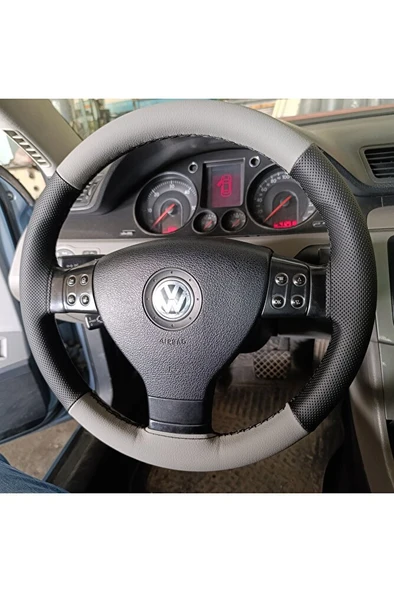 DİKİŞLİ DİREKSİYON KILIFI NOKTALI DERİ GRİ DERİ SİYAH DİKİŞLİ VW PASSAT İÇİN 2006-2012 ürün görseli