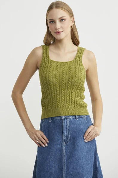 Saç Örgü Kare Yaka Triko Atlet - Yeşil - Resim 5