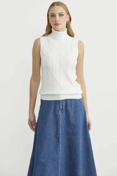 Tam Balıkçı Kolsuz Triko Kazak - Kemik ürün görseli 1