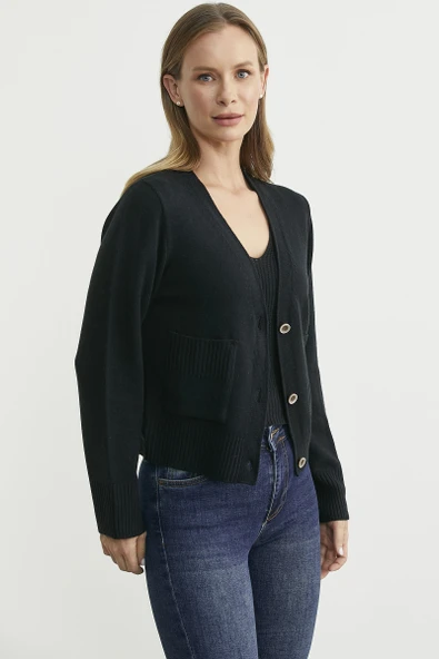 Triko Hırka Crop İkili Takım - Siyah - Resim 3