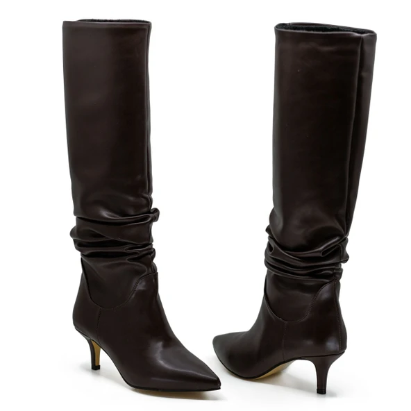 Vegan 6.5 cm Kısa Rahat Topuklu Sivri Burunlu Körüklü Uzun Kadın Çizme - Resim 6