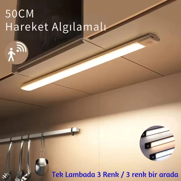 ShopyTech 50 cm Manyetik Şarjlı LED Dolap/Tezgâh Altı Lamba  Hareket Sensörlü 3 Renk Kısılabilir USB Type-C ürün görseli 1