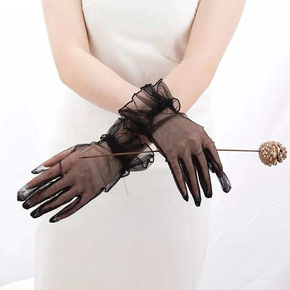 Kısa Boy Likralı Güpürlü Yetişkin Tül Eldiven Siyah Renk (5314) - 4