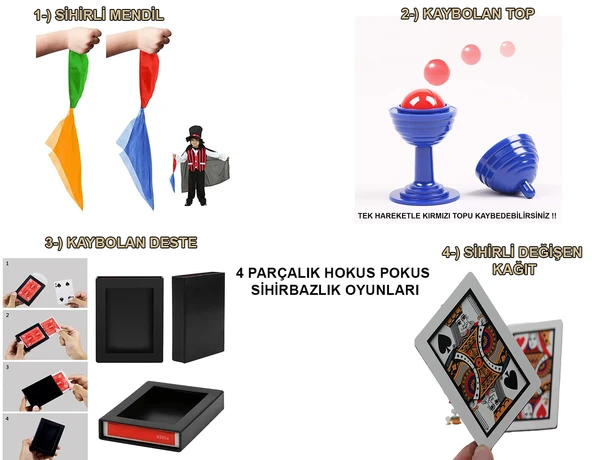 4'lü Sihirbazlık Seti – Hokus Pokus Sihirli Numara Seti-KUPA-MENDİL-DESTE-İSKAMBİL (5314)