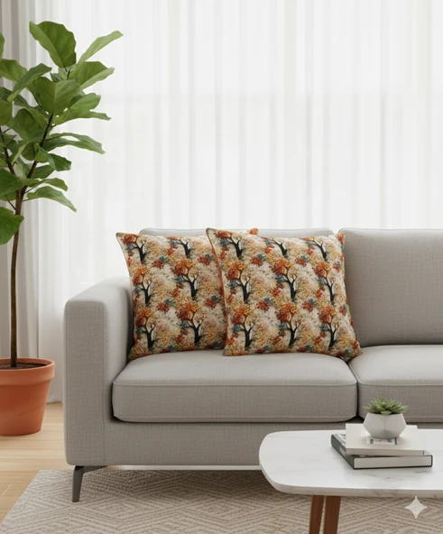 Sonbahar Ağaçları Desenli Dijital Baskılı 2'li Kırlent 40 cm x 40 cm - Resim 8