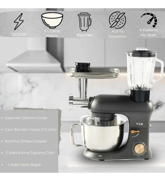 Yui M-200 Multi Fonksiyonel 1800 W 6 lt Gri Stand Mikser - Resim 2