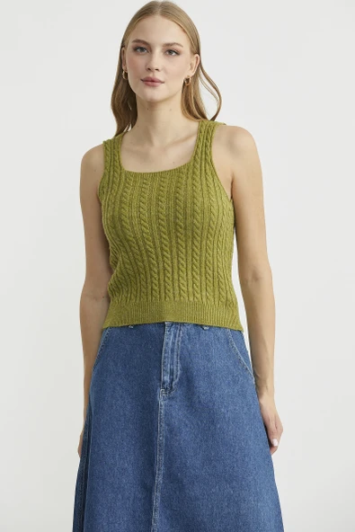 Saç Örgü Kare Yaka Triko Atlet - Yeşil ürün görseli 1