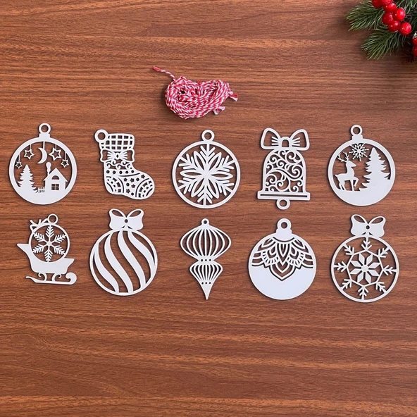 10 Parça Kırmızı Beyaz İpli Karışık Model Ahşap Yılbaşı Ağaç Süsü (5314)