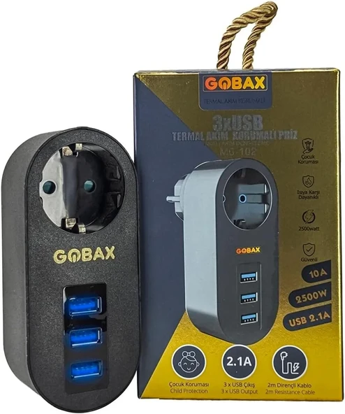 Gobax Termal Akım Korumalı Akıllı Priz 3xusb Li, Çocuk Korumalı, Led Işıklı, Yüksek Isıya Dayanıklı (5314)