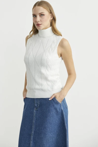 Tam Balıkçı Kolsuz Triko Kazak - Kemik - Resim 4