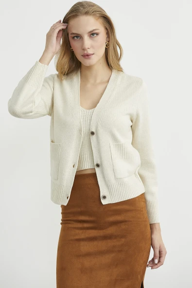 Triko Hırka Crop İkili Takım - Taş - 2