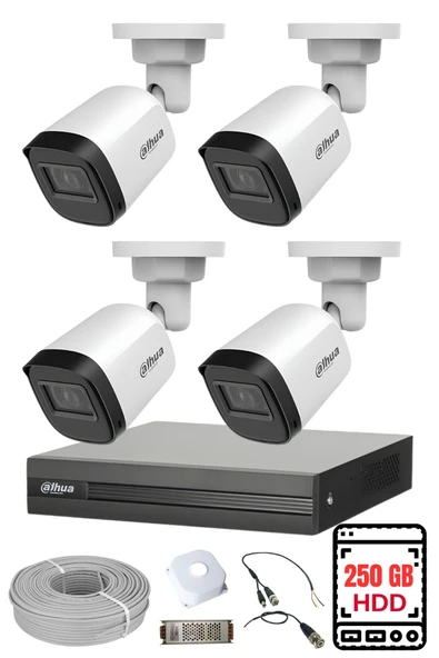 DAHUA 4 Kameralı Gece Görüşlü Su Geçirmez FULL HD Güvenlik Kamerası Seti 250GB - Resim 2